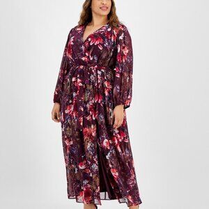 Robbie Bee Plum Floral Surplice Wrap Maxi Dress Size 16W NWT Chiffon Long Sleeve